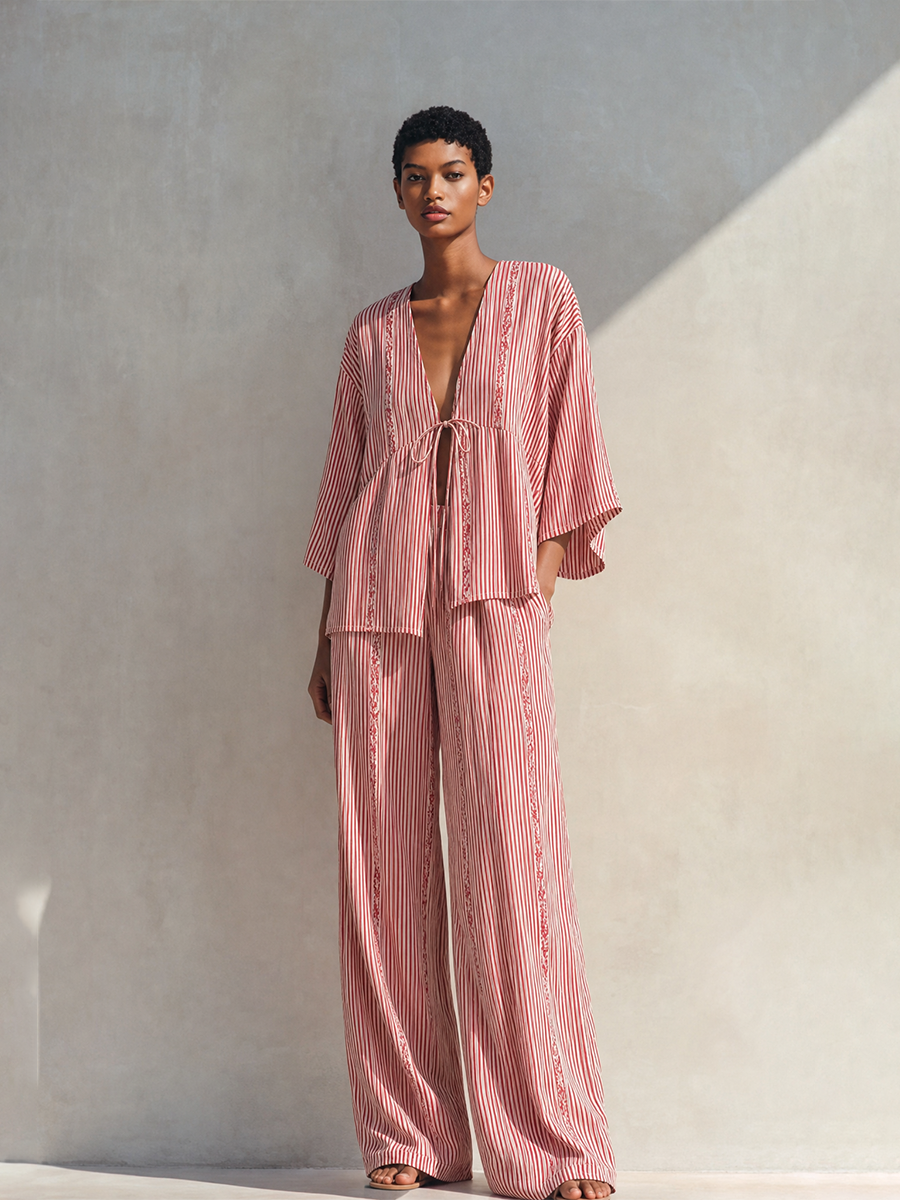 Women's Bohemian Red And White Striped Viscose Blend V-Neck Tie Front Kimono Sleeve Top And Wide-Leg Pants Two-Piece Set MDZ1490G4ZSQ
