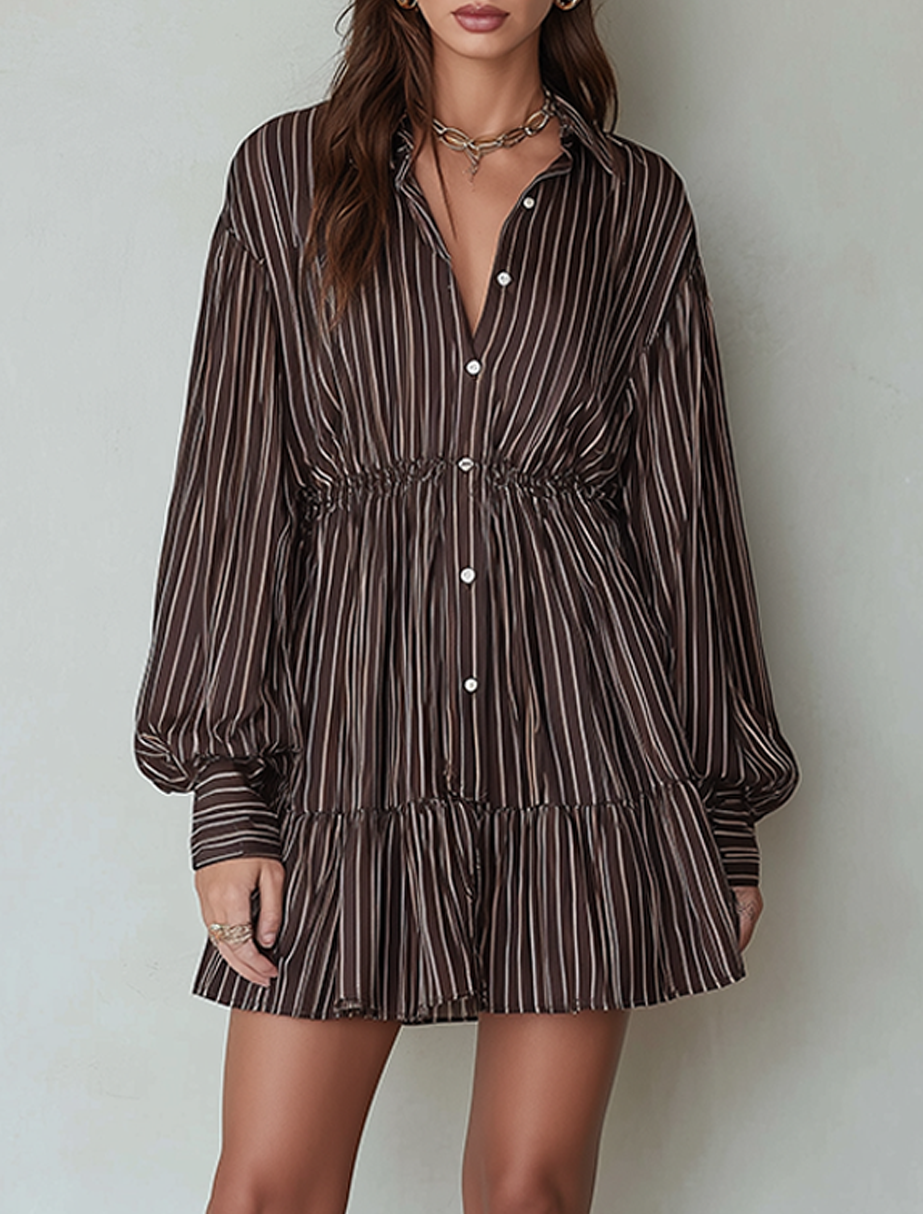 Women's Minimalist Vertical‑Striped Mini Shirt Dress With Drawstring Waist And Long Puff Sleeves MDZ1493G9ZRK
