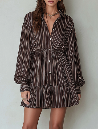 Women's Minimalist Vertical‑Striped Mini Shirt Dress With Drawstring Waist And Long Puff Sleeves MDZ1493G9ZRK