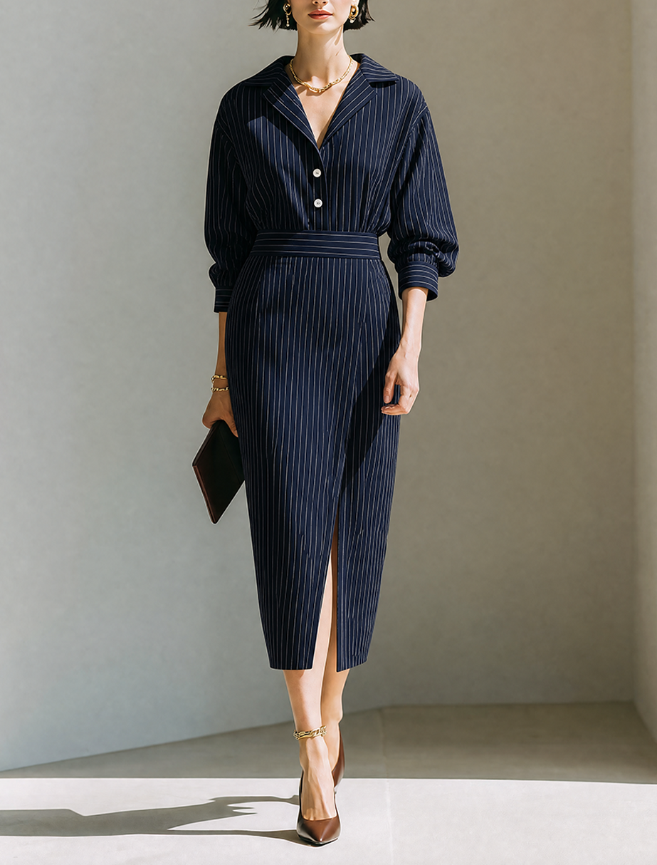 Women's Minimalist Vertical‑Striped Midi Shirt Dress With Blazer Collar And Long Sleeves MDZ1417G2ZRK