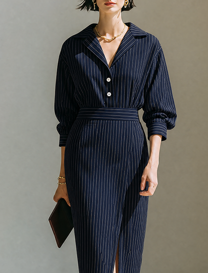 Women's Minimalist Vertical‑Striped Midi Shirt Dress With Blazer Collar And Long Sleeves MDZ1417G2ZRK