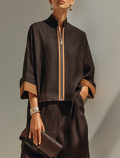 Women's Dark‑Brown Linen Fabric Stand‑Collared Zip‑Up Crop Top & Wide‑Leg Pants Set MDZ1459G3ZRK