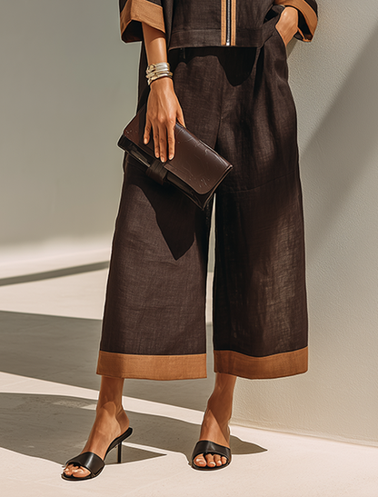 Women's Dark‑Brown Linen Fabric Stand‑Collared Zip‑Up Crop Top & Wide‑Leg Pants Set MDZ1459G3ZRK