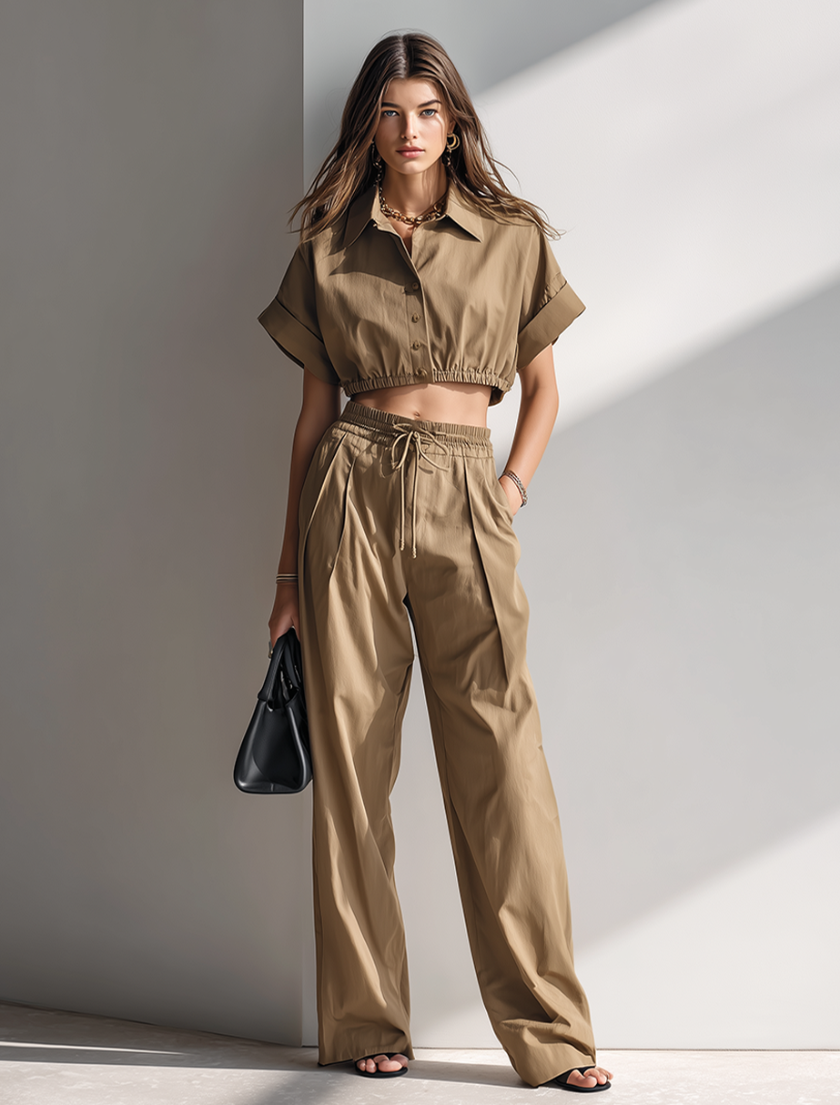 Women's Khaki Cotton‑Blend Collared Cropped Shirt Top & Wide‑Leg Pants Set MDZ1448G9ZRK