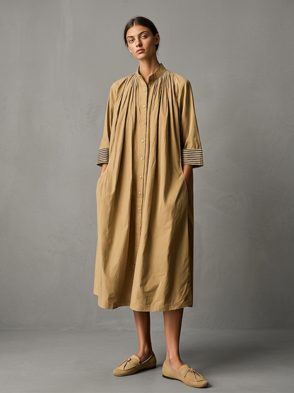 Women's Khaki Cotton Midi Shirt Dress With Stand Collar Gathered Neck & Striped Cuff Three Quarter Sleeves, Lagenlook Loose Casual Midi Dress MDZ1476G7LYL