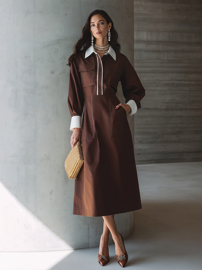 Women's Chocolate Brown Cotton Midi Shirt Dress With Contrast White Collar Cuffs & Double Chest Patch Pockets, Elegant Office Waisted Midi Dress MDZ1415G0LYL