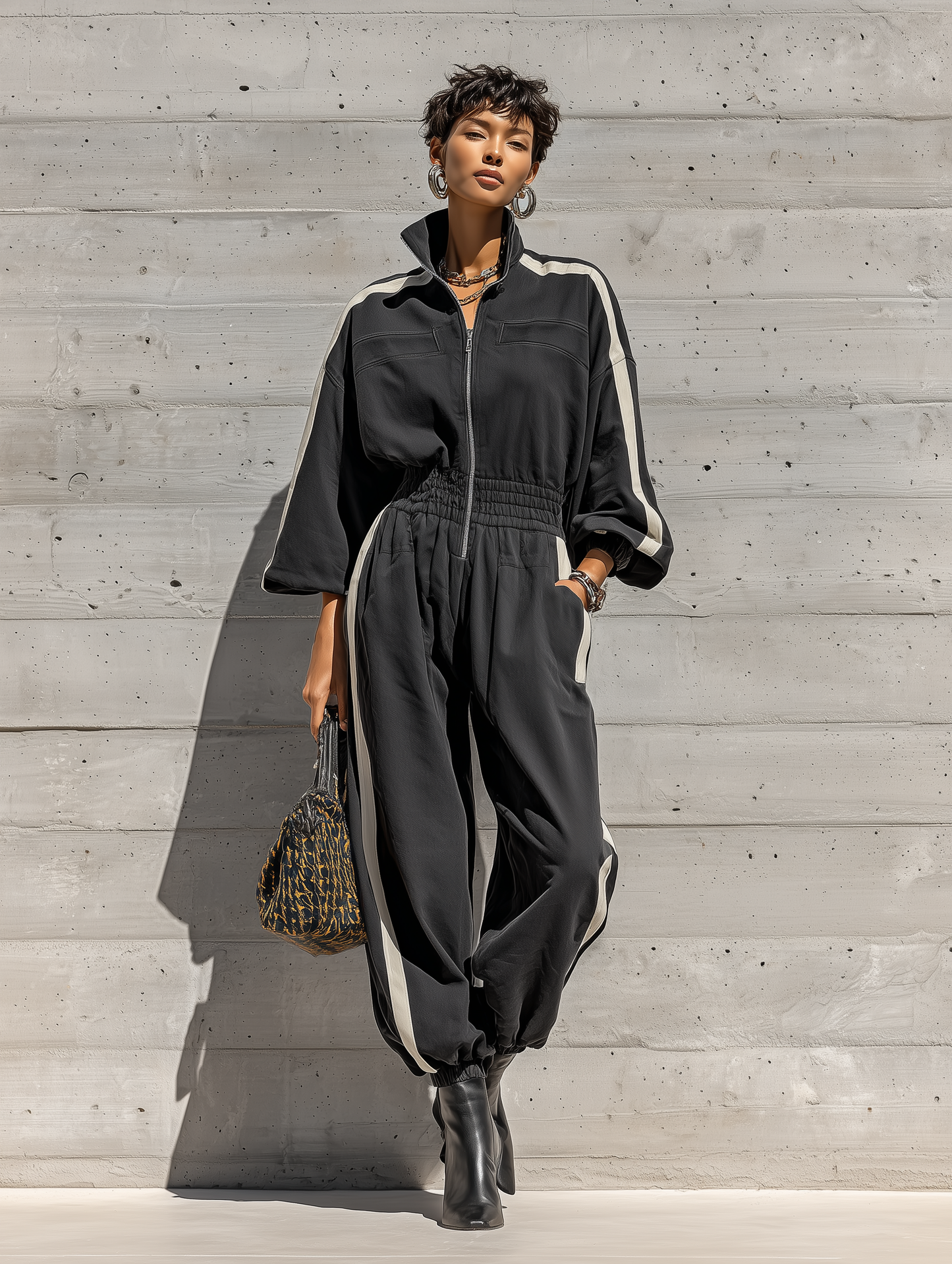 Women's Black White Stripe Washed Cotton Oversized Long Sleeve High Neck Zip Front Elastic Cuff Jogger Jumpsuit MDZ1429G0YZJ