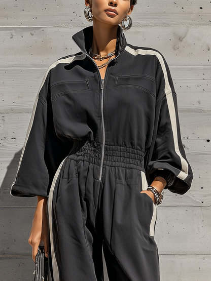 Women's Black White Stripe Washed Cotton Oversized Long Sleeve High Neck Zip Front Elastic Cuff Jogger Jumpsuit MDZ1429G0YZJ