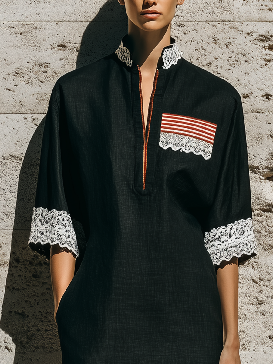 Women's Black Cotton-linen Blend Mandarin Collar Half Zip White Lace Trim Three Quarter Stripe Patch Pocket Midi Kaftan Dress MDZ1444G4YZJ