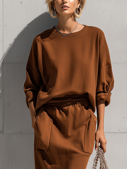 Women's Coffee Brown Oversized Round Neck Long Sleeve Sweatshirt Frayed Hem Pocket Midi Skirt Two Piece Outfit Set MDZ1415G8YZJ