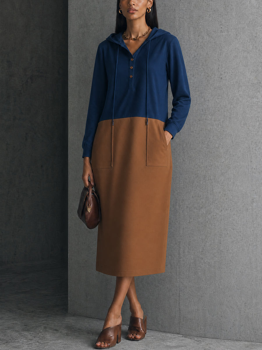 Women's Daily Casual Navy Spliced Caramel Cotton Blend Hooded Patch Pocket Midi Dress MDZ1419G2GMJ