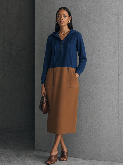 Women's Daily Casual Navy Spliced Caramel Cotton Blend Hooded Patch Pocket Midi Dress MDZ1419G2GMJ