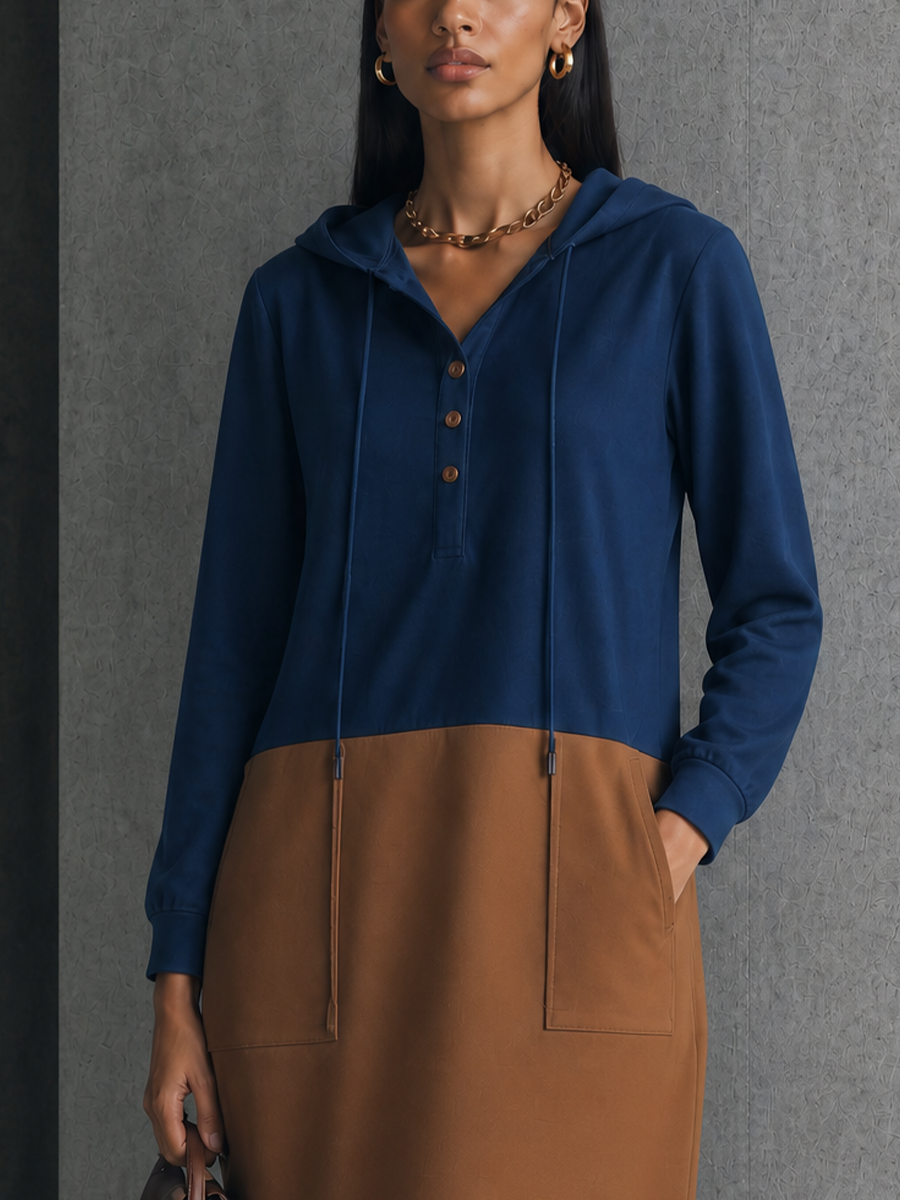 Women's Daily Casual Navy Spliced Caramel Cotton Blend Hooded Patch Pocket Midi Dress MDZ1419G2GMJ