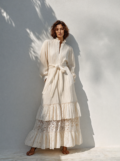 Women's Bohemian Resort-Style Off-white Ruffled Stand-Collar Bishop-Sleeve Belted Pleated Lace-Paneled Maxi Dress MDZ1432G3CMX