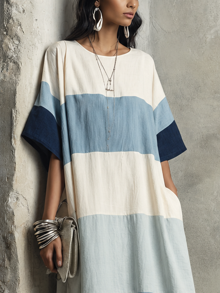 Women's Relaxed Vacation Off White Spliced Blue Cotton Blend Horizontal Stripe Loose Short Sleeve Maxi Dress MDZ1410G1GMJ