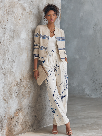 Women's Art Casual Off White Base Blue Splash Ink Cotton Blend High Waist Full Length Wide Leg Trousers MDZ1499G6GMJ