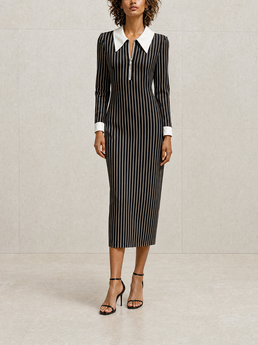 Women's Elegant Modern Black Pinstripe White-Collar Zip Long-Sleeve Fitted Midi Dress MDZ1593G3CMX