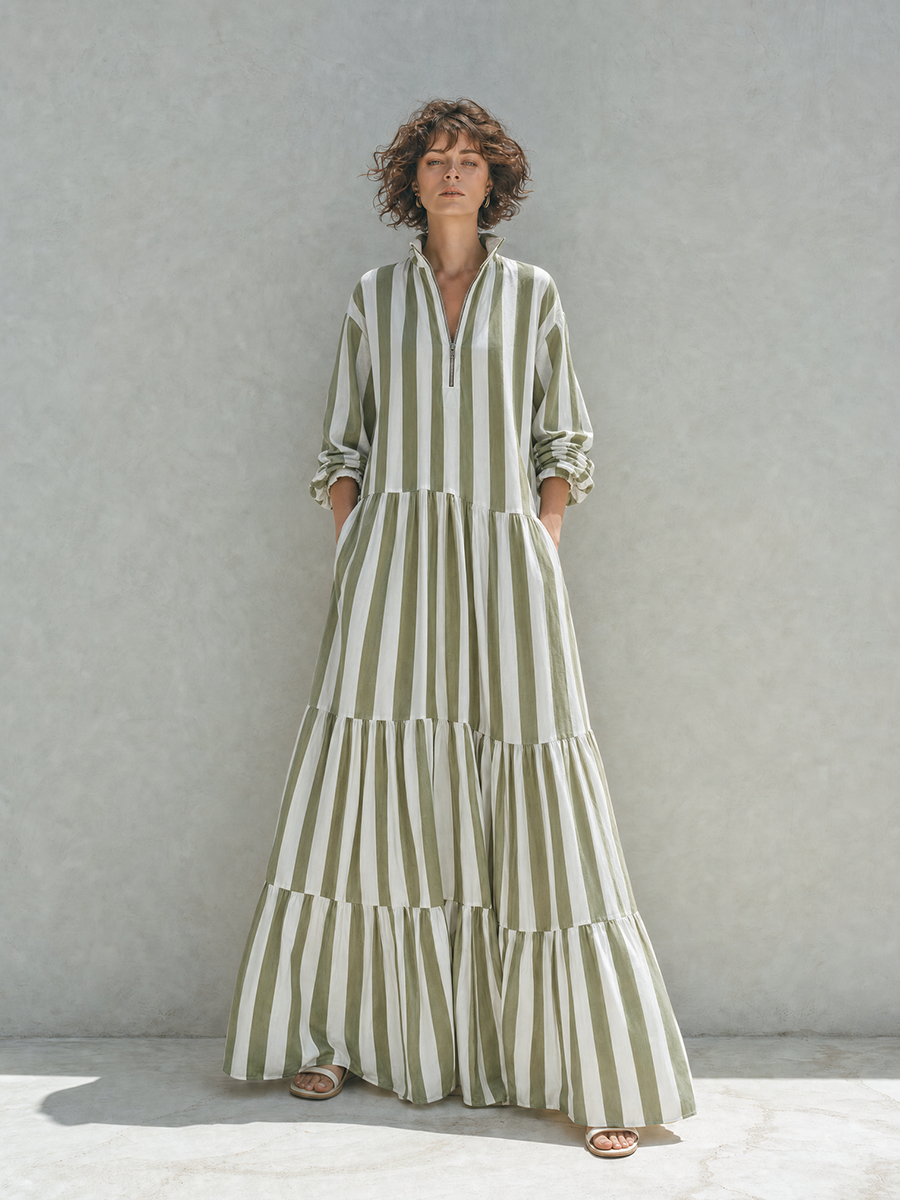 Women's Resort-Style Green And White Striped Stand-Collar Zip Long-Sleeve Tiered Full-Flare Cotton Maxi Dress MDZ1532G2CMX
