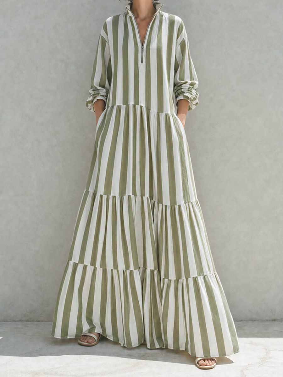 Women's Resort-Style Green And White Striped Stand-Collar Zip Long-Sleeve Tiered Full-Flare Cotton Maxi Dress MDZ1532G2CMX