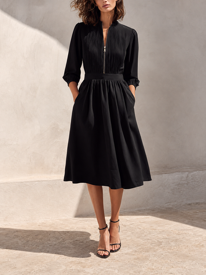 Women's Elegant Workwear Black Stand-Collar Zip-Front Pleated Bishop-Sleeve Cinched-Waist Midi Dress MDZ1567G4CMX