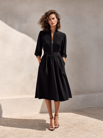Women's Elegant Workwear Black Stand-Collar Zip-Front Pleated Bishop-Sleeve Cinched-Waist Midi Dress MDZ1567G4CMX