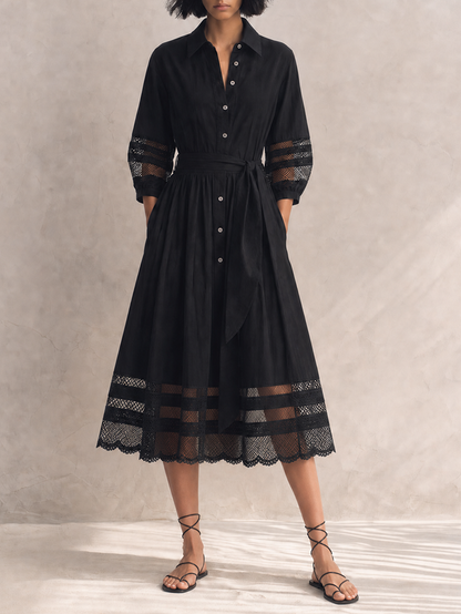 Women's Elegant Black Cotton Blend Collared Three-Quarter Sleeve Belted Lace Trim Button-Front Midi Shirt Dress MDZ1579G4ZSQ