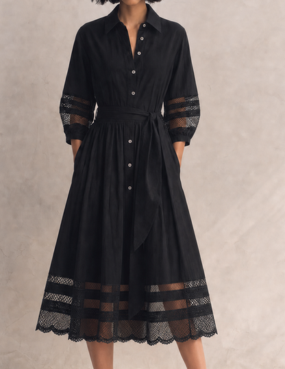 Women's Elegant Black Cotton Blend Collared Three-Quarter Sleeve Belted Lace Trim Button-Front Midi Shirt Dress MDZ1579G4ZSQ