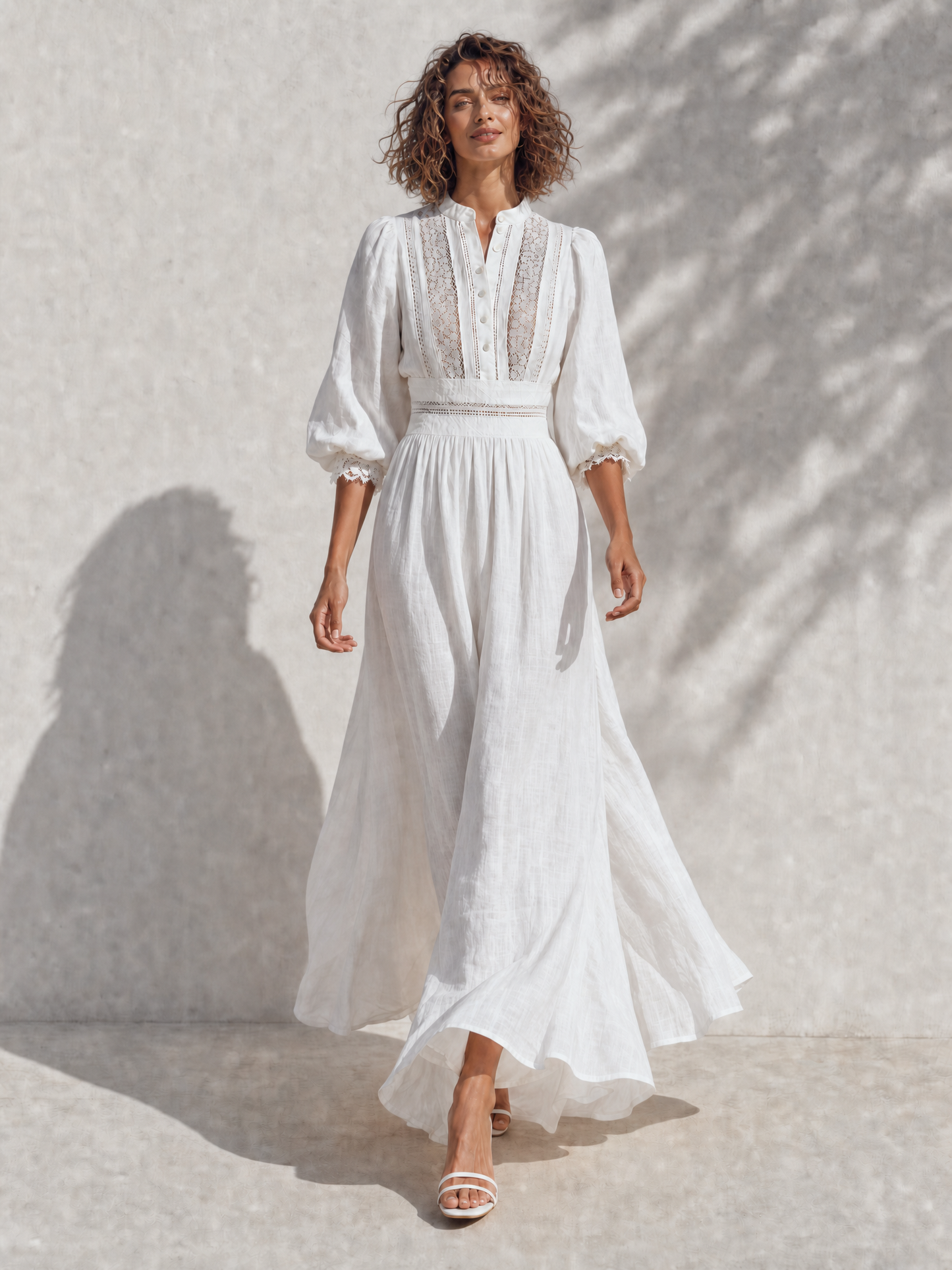 Women's Resort-Style White Stand-Collar Bishop-Sleeve Lace-Cutout-Paneled Cinched-Waist Linen Maxi Dress MDZ1502G4CMX
