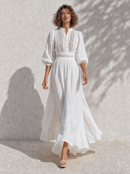 Women's Resort-Style White Stand-Collar Bishop-Sleeve Lace-Cutout-Paneled Cinched-Waist Linen Maxi Dress MDZ1502G4CMX
