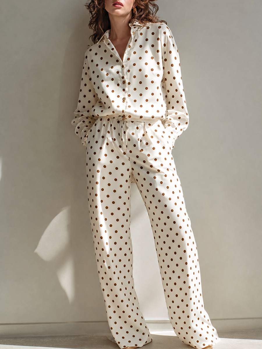 Women's Elegant Vintage off-white Brown Polka-Dot Collared Long-Sleeve Shirt & High-Waisted Wide-Leg Pants Satin Set MDZ1582G8CMX
