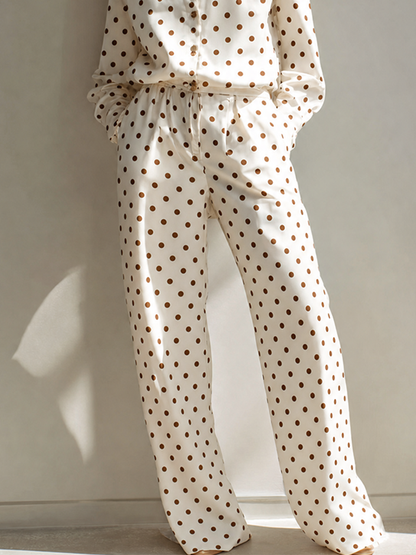 Women's Elegant Vintage off-white Brown Polka-Dot Collared Long-Sleeve Shirt & High-Waisted Wide-Leg Pants Satin Set MDZ1582G8CMX