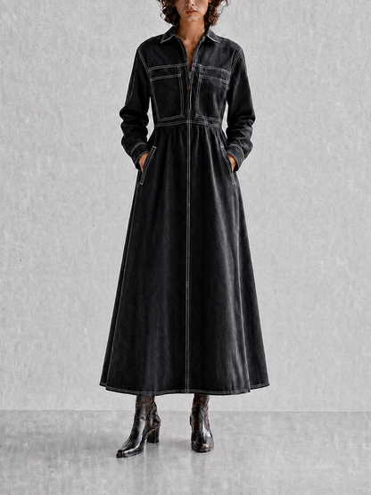 Women's Black Contrast-Stitch Collared Long-Sleeve Cinched-Waist Denim Shirt Maxi Dress MDZ1591G0CMX