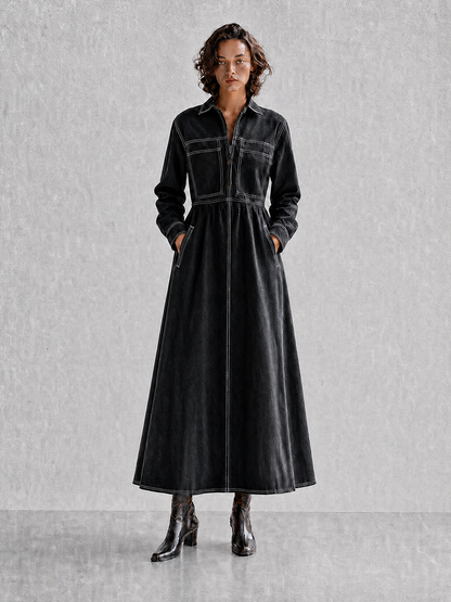 Women's Black Contrast-Stitch Collared Long-Sleeve Cinched-Waist Denim Shirt Maxi Dress MDZ1591G0CMX