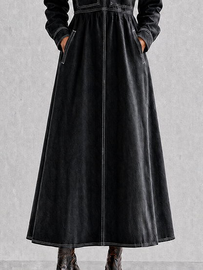 Women's Black Contrast-Stitch Collared Long-Sleeve Cinched-Waist Denim Shirt Maxi Dress MDZ1591G0CMX