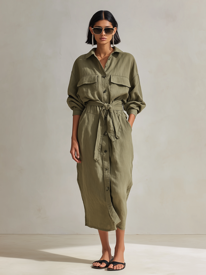 Women's Utility Style Olive Green Linen Blend Collared Long Sleeve Belted Button-Front Patch Pocket Midi Shirt Dress MDZ1569G6ZSQ
