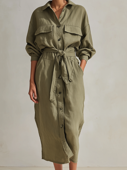 Women's Utility Style Olive Green Linen Blend Collared Long Sleeve Belted Button-Front Patch Pocket Midi Shirt Dress MDZ1569G6ZSQ