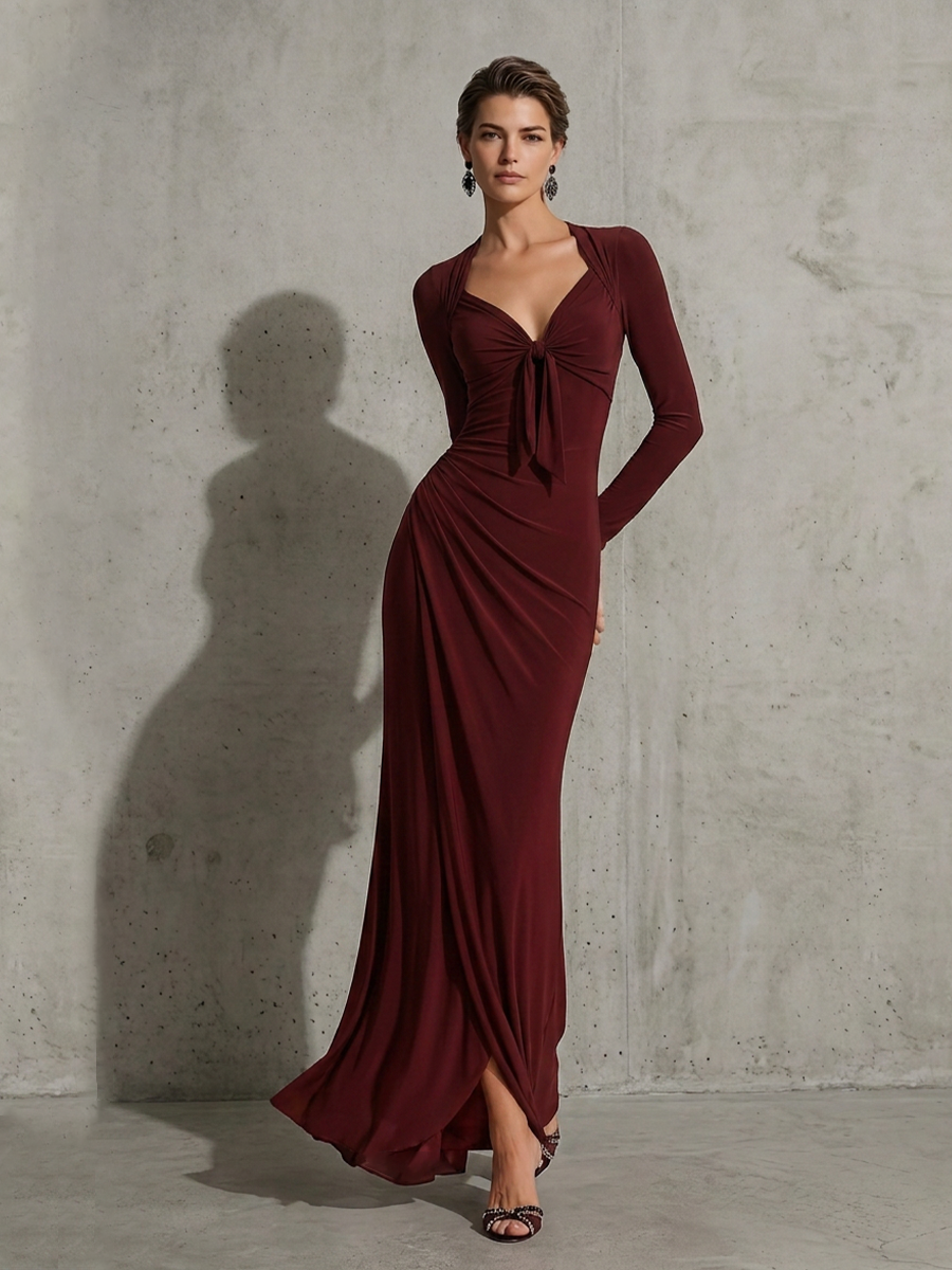 Women's Burgundy Soft Jersey Maxi Dress With Front Tie V Neck & Draped Wrap Skirt, Sexy Bodycon Evening Floor Length Gown MDZ1544G2LYL