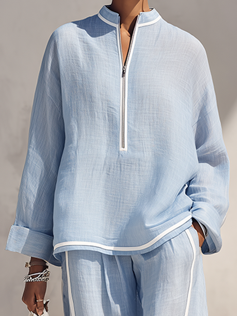 Women's Light‑Blue Linen Fabric Stand‑Collar Half‑Zip Oversized Top & Wide‑Leg Pants Set MDZ1594G5ZRK