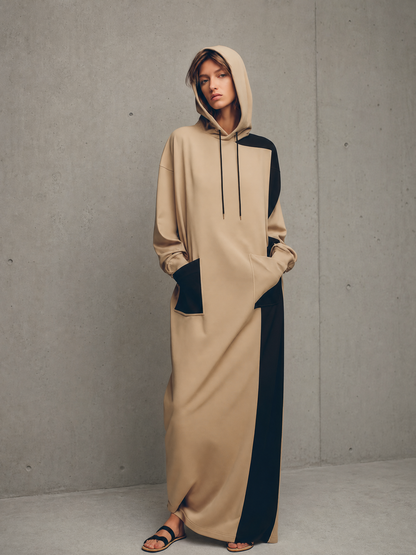 Women's Khaki Black Color Block Knit Drawstring Hooded Long Sleeve Side Pocket Oversized Maxi Sweatshirt Dress MDZ1507G2YZJ