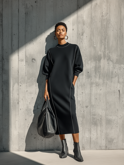 Women's Black Knitted Sweatshirt Fabric Exposed Seam Round Neck Loose Long Sleeve Pocket Midi Dress With White Piping Trim MDZ1549G0YZJ