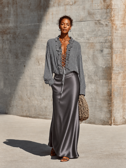 Women's Black White Vertical Stripe Ruffle Collar Lace Up Front Long Sleeve Blouse Gray Satin Maxi Skirt Two Piece Set MDZ1580G9YZJ