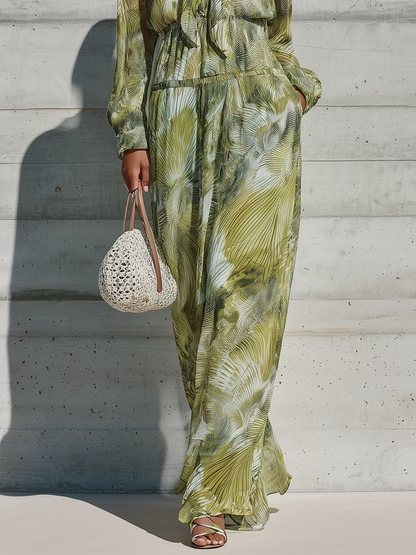 Women's Green Palm Leaf Print Chiffon Tie Neck Long Sleeve Drawstring Waist Side Pocket Maxi Dress MDZ1533G2YZJ