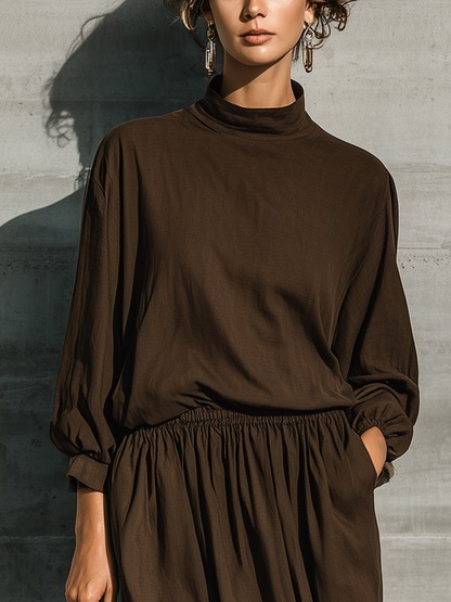 Women's Dark Brown Cotton Blend Mock Neck Balloon Sleeve Top Ruffle Tiered Drawstring Waist Midi Skirt Two Piece Set MDZ1537G8YZJ