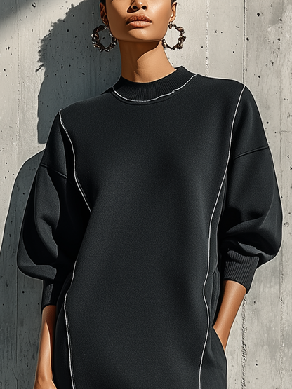Women's Black Knitted Sweatshirt Fabric Exposed Seam Round Neck Loose Long Sleeve Pocket Midi Dress With White Piping Trim MDZ1549G0YZJ