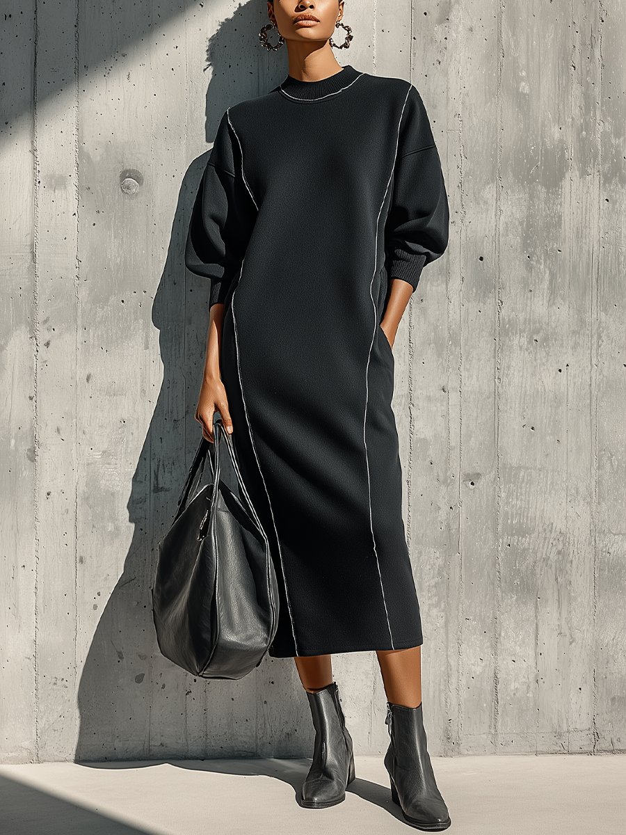 Women's Black Knitted Sweatshirt Fabric Exposed Seam Round Neck Loose Long Sleeve Pocket Midi Dress With White Piping Trim MDZ1549G0YZJ