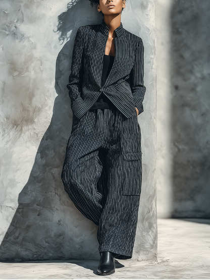 Women's Black White Vertical Stripe Mandarin Collar Single Button Blazer Wide Leg Cargo Pocket Pant Two Piece Suit Set MDZ1548G6YZJ