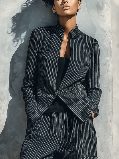 Women's Black White Vertical Stripe Mandarin Collar Single Button Blazer Wide Leg Cargo Pocket Pant Two Piece Suit Set MDZ1548G6YZJ