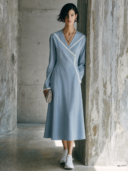 Women's Casual Commuting Light Blue Cotton Blend Wrap V Neck Contrast Trim Waisted Long Sleeve Midi Dress MDZ1528G0GMJ