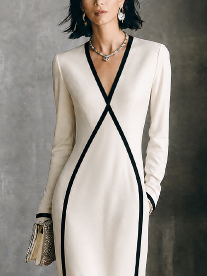 Women's Luxury Commuter Off White Cotton Blend V Neck Contrast Binding Flared Long Sleeve Midi Dress MDZ1529G7GMJ