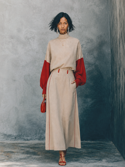 Women's Retro Casual Light Khaki Cotton Linen And Red Knit Cotton Blend High Neck Color Block Sleeve Long Sleeve Full Length Pants Set MDZ1511G0GMJ